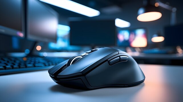 Gaming mouse rests on desk in modern workspace surrounded by computer monitors and low ambient lighting in a late evening setting