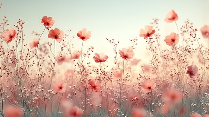 Peach colored flowers bloom in a gentle sunset field