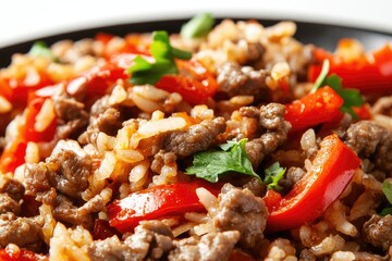 Deliciously seasoned rice and beef dish, with vibrant red peppers and fresh herbs
