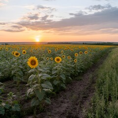 Obraz premium Sunset sunflowers field agriculture landscape summer