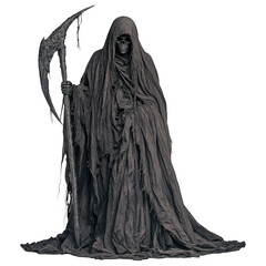 Naklejka premium Grim reaper figure in black cloak holding scythe, fantasy death character illustration on white