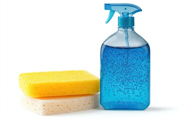 Cleaning supplies, including a spray bottle and sponges