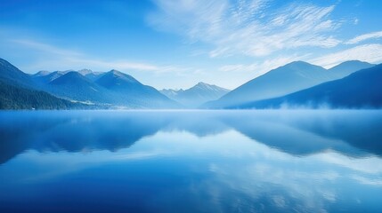 A tranquil lake with mist rising from the surface in early morning.