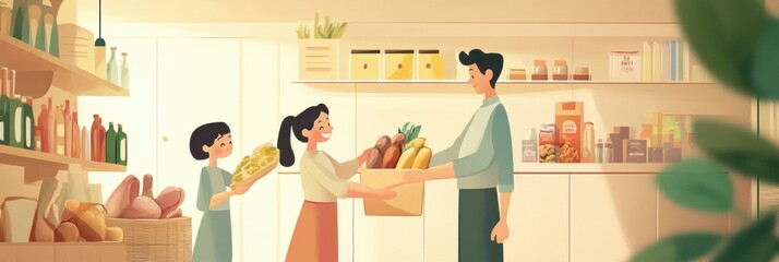 Family joyfully receives a grocery order in a cozy kitchen filled with warmth and soft pastel tones Generative AI