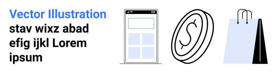 Smartphone screen with app layout, coin with dollar sign, and shopping bags. Ideal for online shopping, e-commerce, digital wallet, mobile payments, retail, finance simple landing page