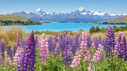 Breathtaking field of purple and pink lupins in full bloom with majestic snow-capped mountains reflecting in the turquoise waters of Lake Tolkien, New Zealand. Serene and picturesque natural landscape