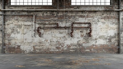 Grungy industrial interior with exposed brick wall, aged pipes, and concrete floor. Perfect for background or texture.