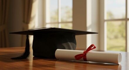 Black Graduation Cap and Diploma with Red Ribbon on Wooden Table &ndash; Elegant and Symbolic Scene
