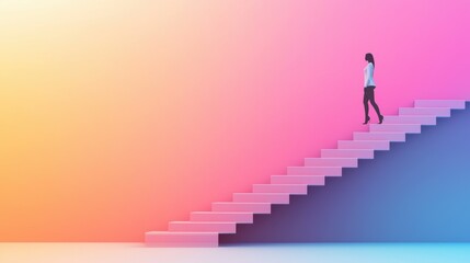 Colourful Silhouette businesswoman Silhouette of a businesswoman climbing stairs against a colorful gradient background, symbolizing ambition and career growth