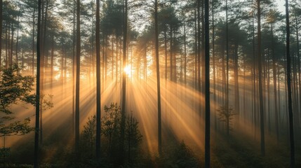 Sunbeams Through Forest Trees at Sunrise