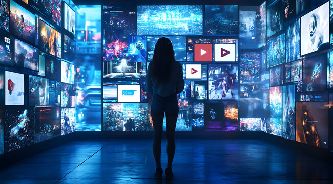Digital Immersion: A woman stands amidst a wall of digital displays, each showcasing various online contents