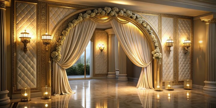 Grand archway entrance with elegant golden details under soft, warm lighting for upscale events and formal gatherings , grand entrance, elegant archway