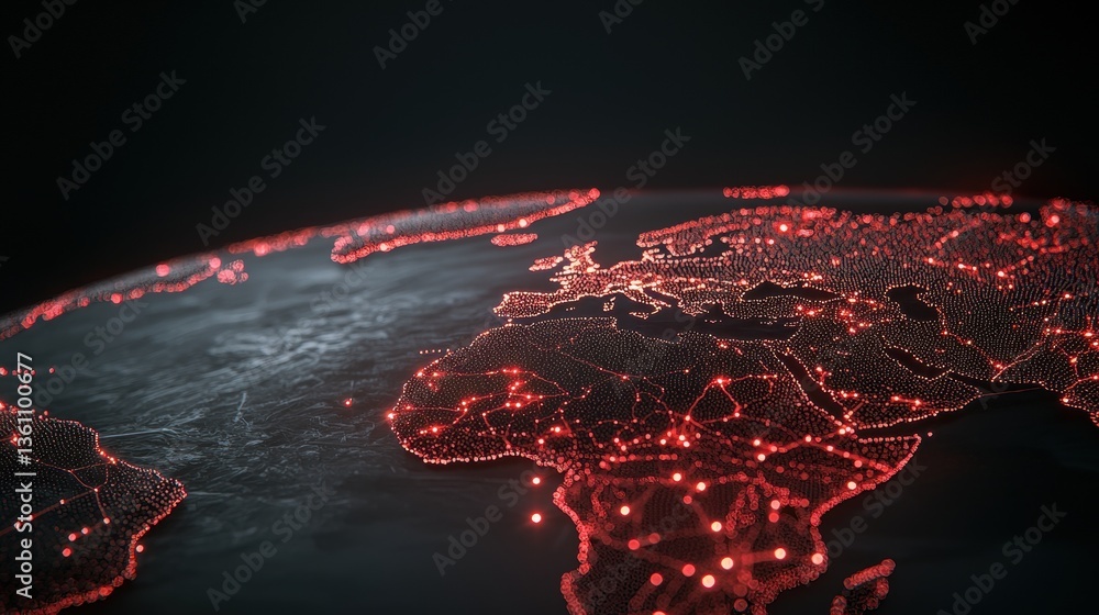 Poster security risk cybersecurity global network map with highlighted vulnerable areas, dark background, r