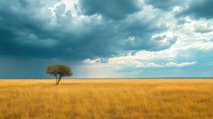 Obraz premium Lone Tree in African Savannah Under Stormy Sky