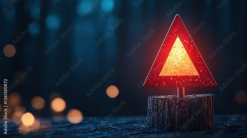 Poster security risk data database with a warning sign, dark background, represents data breaches and secur