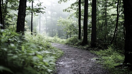 Fototapeta premium Misty Forest Path Tranquil Nature Trail Hiking Woodland Scene