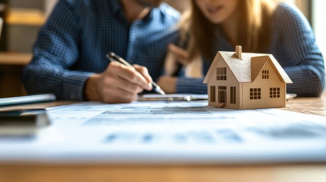 A couple reviewing mortgage options and home prices in a real estate office.