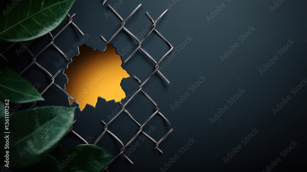 Poster security risk vulnerability chain link fence with a hole cut in it, dark background, symbolizes weak