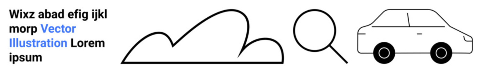 Cloud outline, magnifying glass, car sketch, and placeholder text. Ideal for weather, transport, search, exploration, internet design concepts and simple landing page
