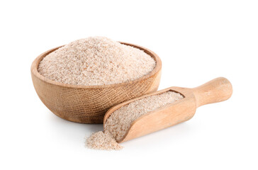 Bowl and scoop with psyllium husk powder on white background