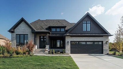 A happy couple with keys to their new home in front of the house.