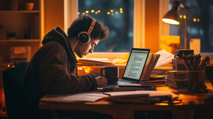 A student with headphones, fully immersed in study at a desk, books open, laptop showing research, coffee mug in hand, warm room lighting