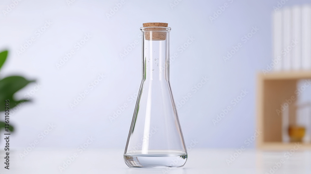 Aufkleber clear laboratory flask with cork stopper is shown, ideal for sampling and analyzing contaminants in 