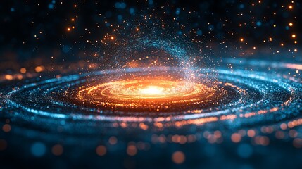 Vibrant swirling galaxy with bright orange and blue hues captured in deep space at night