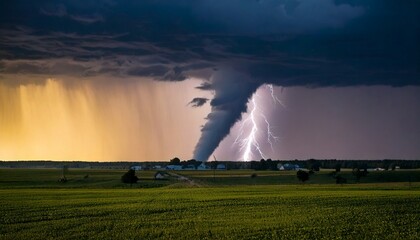 A tornado forming in the distance, lightning striking through the storm clouds