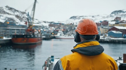 Obraz premium A worker wearing a helmet and ear protection in an industrial setting.