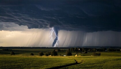 A tornado forming in the distance, lightning striking through the storm clouds