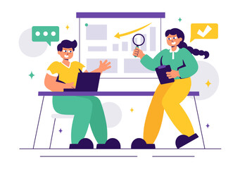 Corporate Investigation Vector Illustration Featuring Observation, Examination, Information Search, and Research for Future Analysis in a Background
