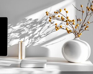 A serene and inviting workspace bathed in soft sunlight, showcasing a minimalist aesthetic with warm bohemian touches The arrangement features natural wood accents, fostering a sense of rustic charm