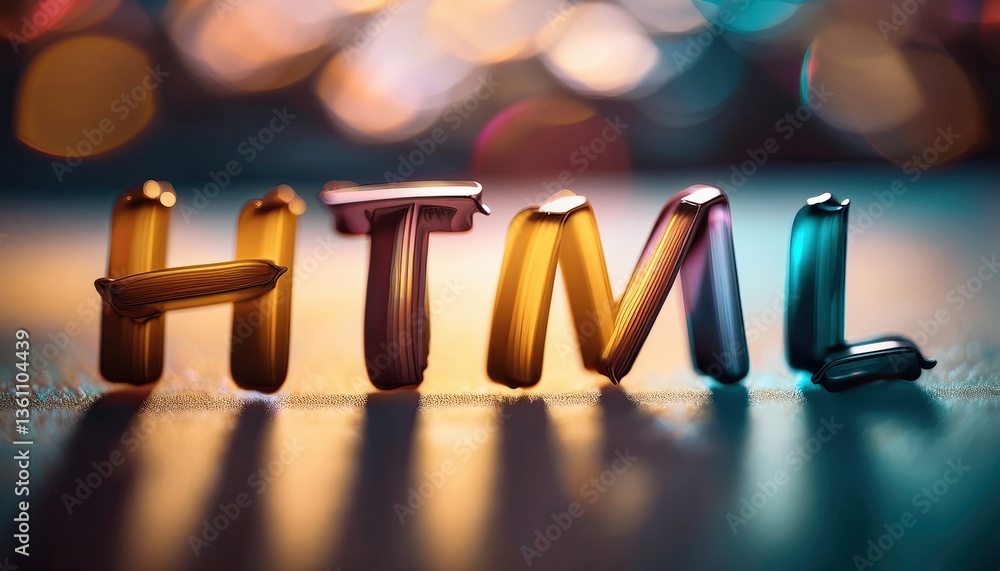 Poster colorful html letters on blurred background with bokeh effects