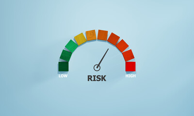Risk management and assessment concept. Risk level indicator rating since low to high.