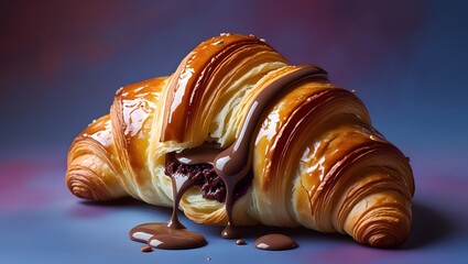 Delectable chocolate-filled croissant with a rich, flowing chocolate sauce