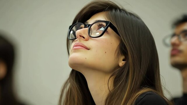 Young woman with glasses attentively listening during a lecture in a classroom setting