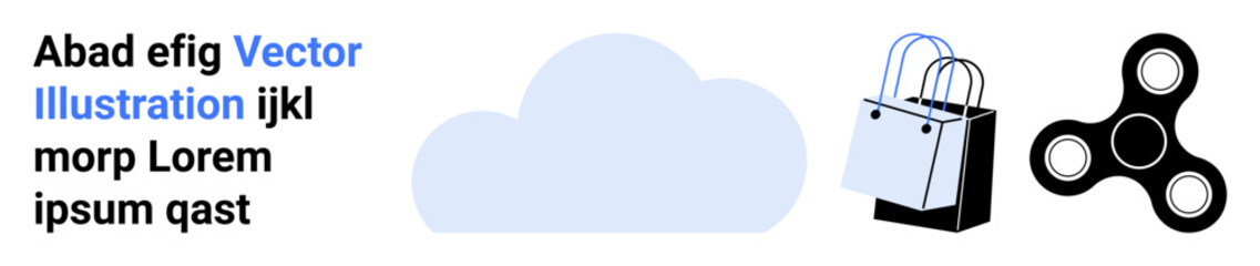 Shopping bags, a blue cloud symbol, and a spinner toy highlighting retail, cloud services, and leisure. Ideal for shopping concepts, technology, recreation, branding marketing e-commerce flat