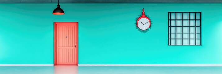 Modern Teal Room with Coral Door and Clock
