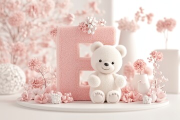 White Teddy Bear and Pink Floral Letter E Scene