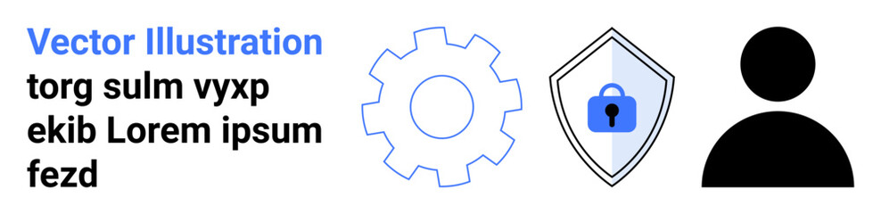 Gear icon, security shield with lock, user profile silhouette representing settings, security, and users. Ideal for tech, security systems, identity, team management workflow apps flat landing