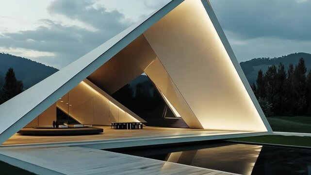 Modern architectural design showcases unique geometric shapes amidst a scenic landscape during twilight hours