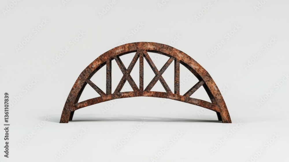 Poster a rusty, curved bridge model showcasing a classic design, highlighting the texture and structure of 