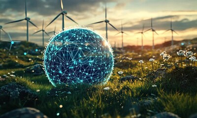 Futuristic globe made of interconnected lines and nodes in a vibrant green field with wind turbines at sunset - Powered by Adobe
