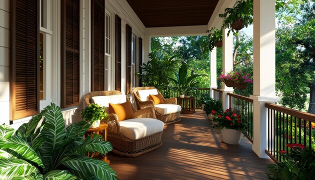 A sun-drenched porch welcomes relaxation with open arms, beckoning guests to unwind amidst the serene ambiance Wicker chairs, adorned with plush cushions, offer comfortable havens for leisurely