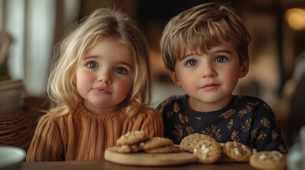 Adorable Brother and Sister Enjoying Delicious Homemade Cookies Together at Home