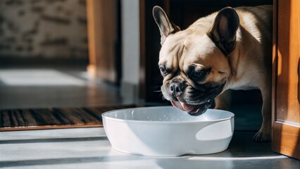 French Bulldog eatting happily from a blank white dog food bowl mockup.