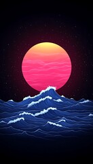 Retro Sunset Over Waves