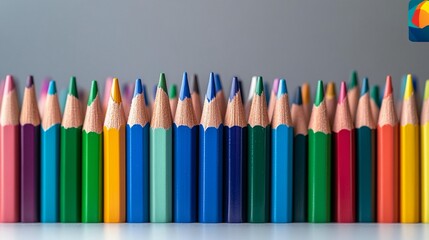 Colorful sharpened pencils arranged in a row on a white surface against a gray background.