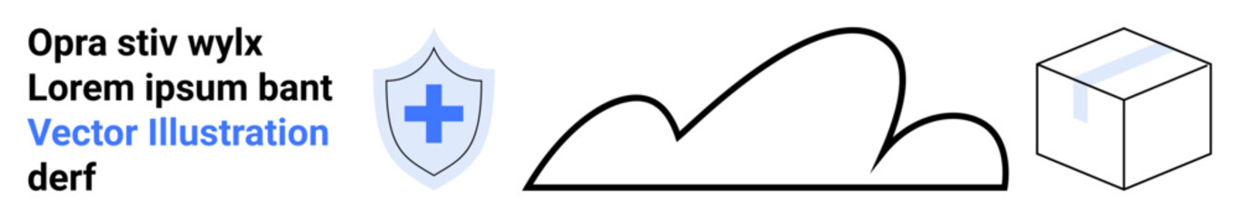 Obraz premium Shield with medical cross, stylized cloud, taped delivery box. Ideal for data security, healthcare, logistics, digital safety, cloud technology, online storage simple landing page